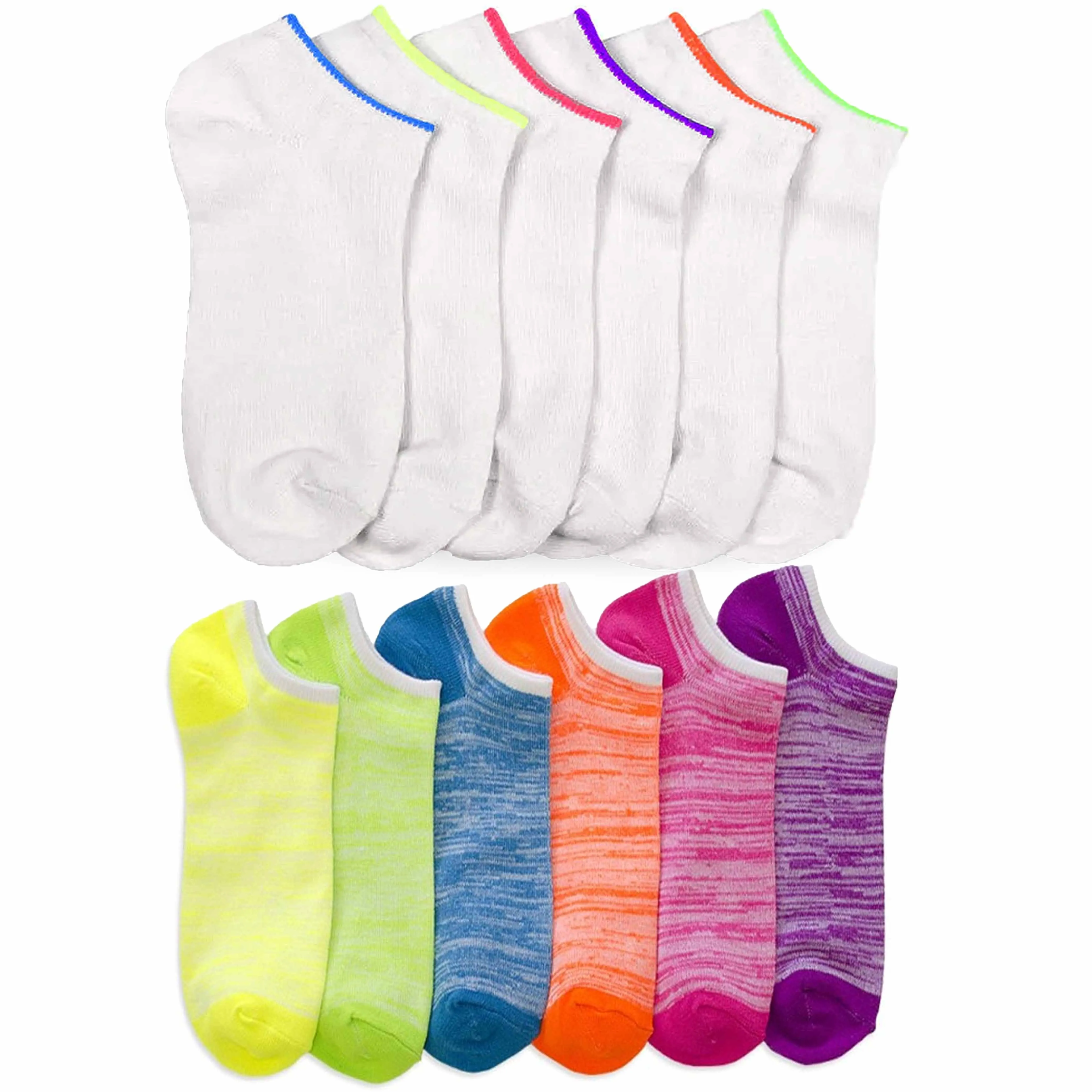 12 Pair Ladies Low Cut Ankle Socks No Show White Neon Assorted Color Girls 9-11