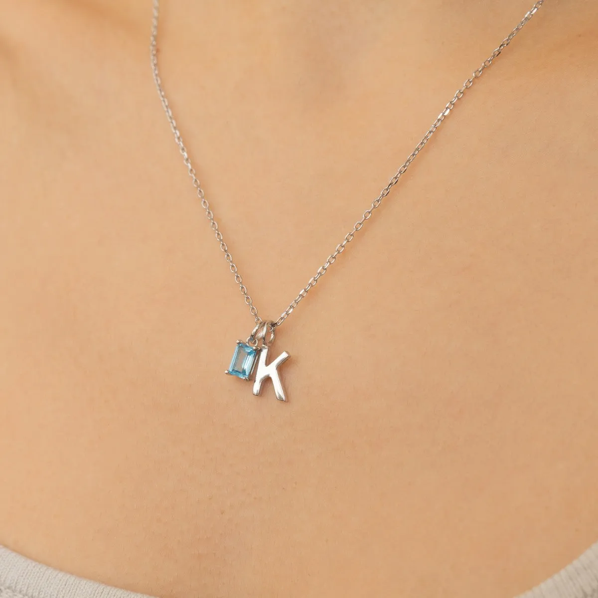 Birthstone Capital Initial Silver Necklace