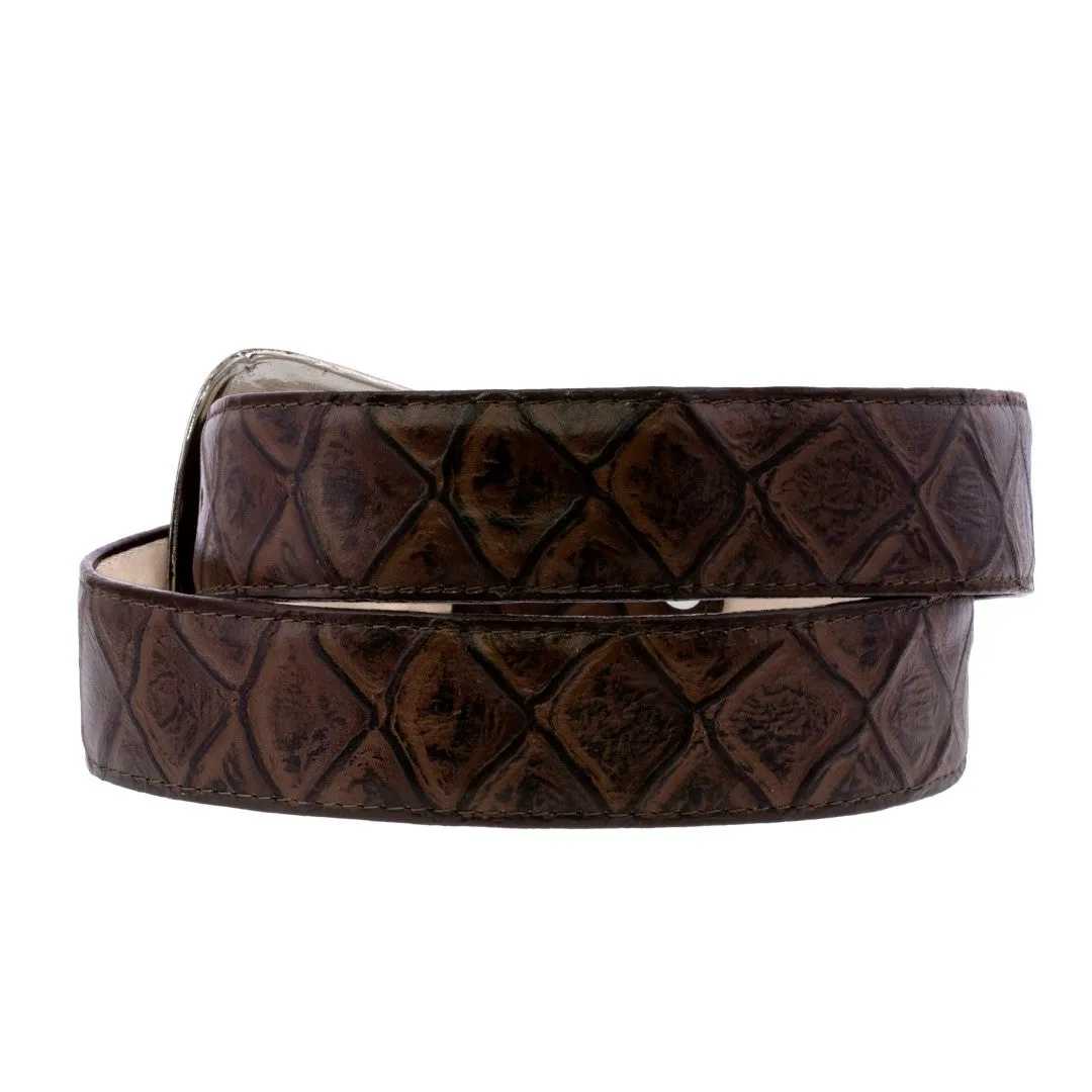 Brown Western Cowboy Belt Pirarucu Fish Leather - Silver Buckle