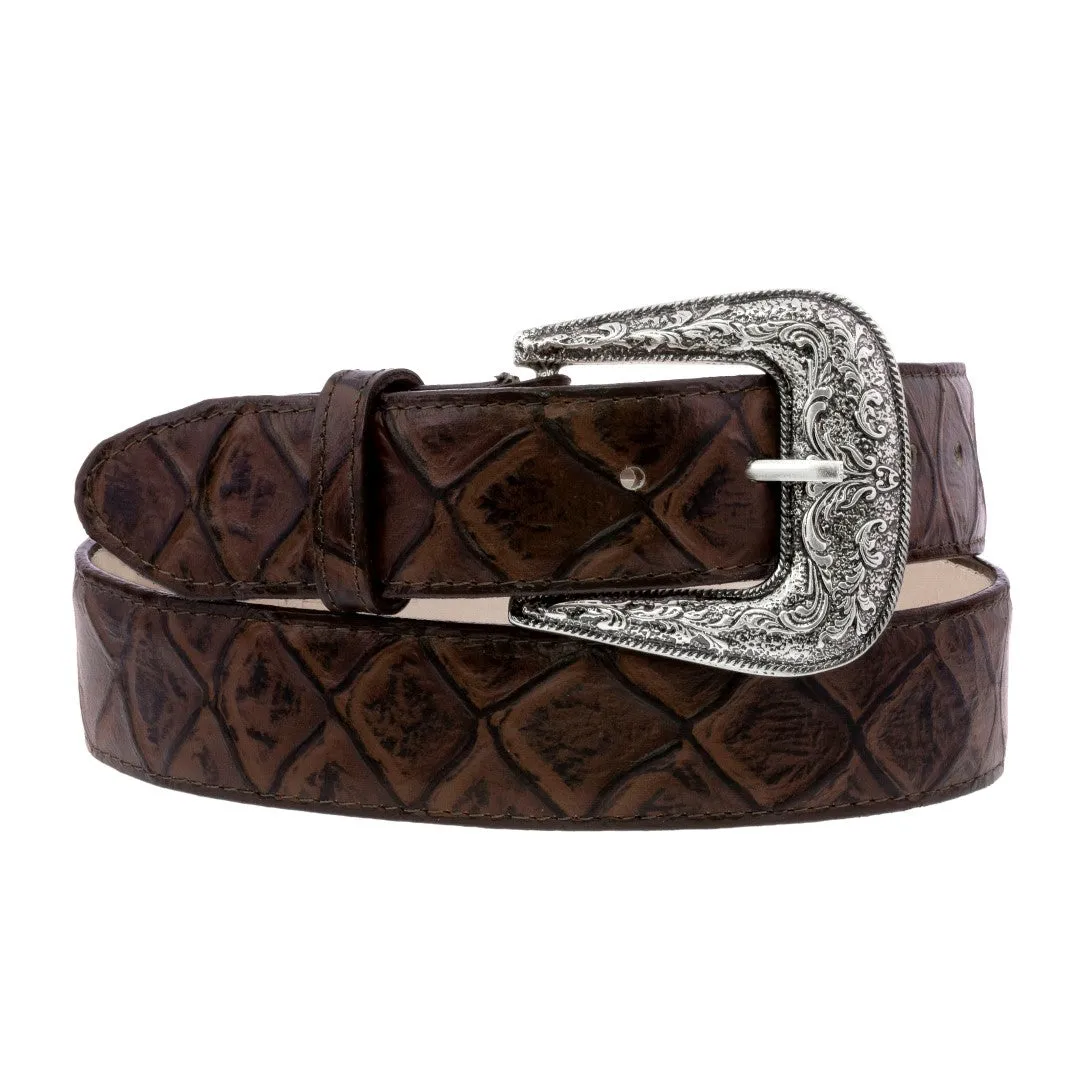 Brown Western Cowboy Belt Pirarucu Fish Leather - Silver Buckle