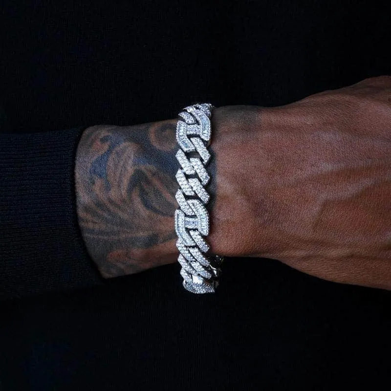 Diamond Prong Baguette Curb Chain 12mm   Bracelet Bundle in White Gold
