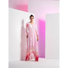 MANDIRA WIRK Pink Flutter Kimono Sleeve Asymmetrical Floral Maxi Dress