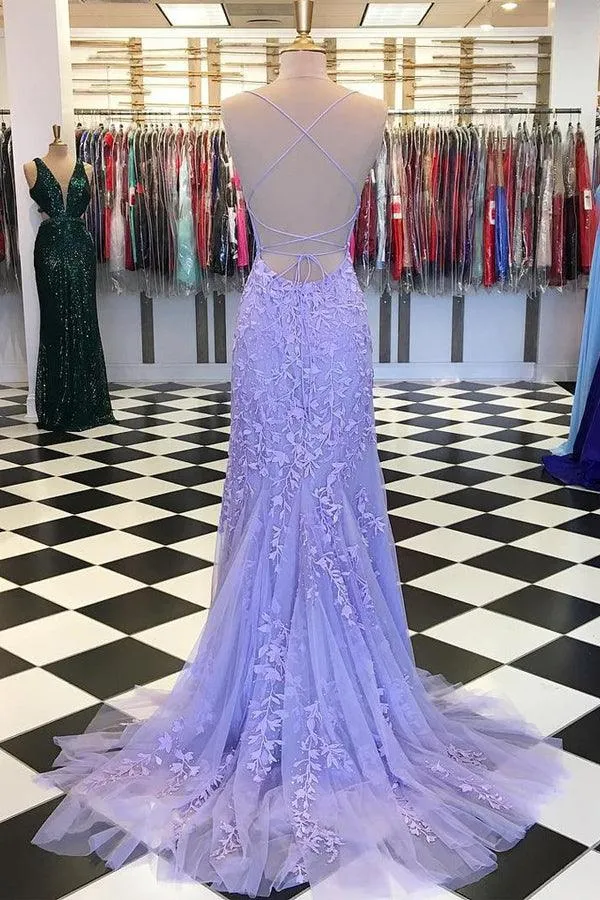 Mermaid Spaghetti Straps Criss Cross Light Blue Long Prom Dress PG721