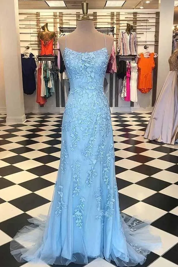 Mermaid Spaghetti Straps Criss Cross Light Blue Long Prom Dress PG721