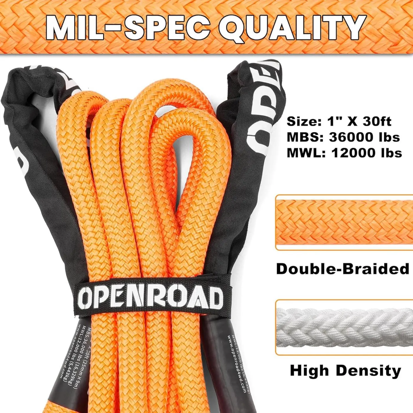 OPENROAD 1" x30' Kinetic Recovery Tow Rope (36,000lbs)