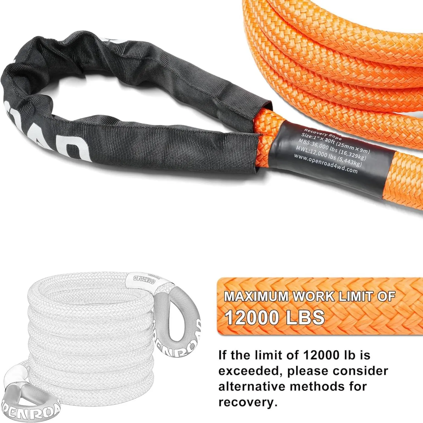 OPENROAD 1" x30' Kinetic Recovery Tow Rope (36,000lbs)