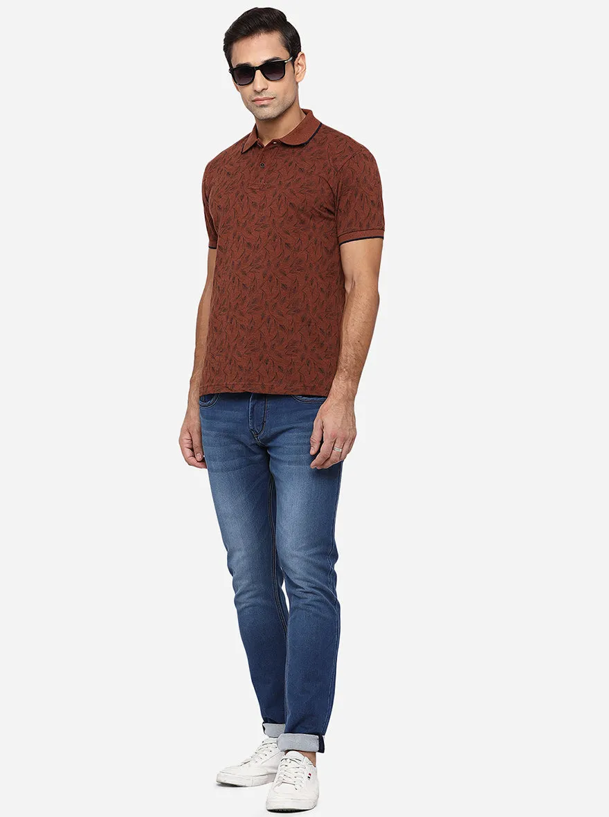 Rustics Brown Printed Slim Fit Polo T-Shirt | Greenfibre